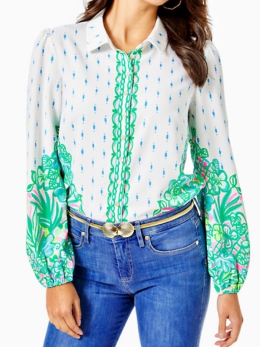 Lilly Pulitzer White Blouse with Green & Pink Botanical Border - Picture 7 of 13